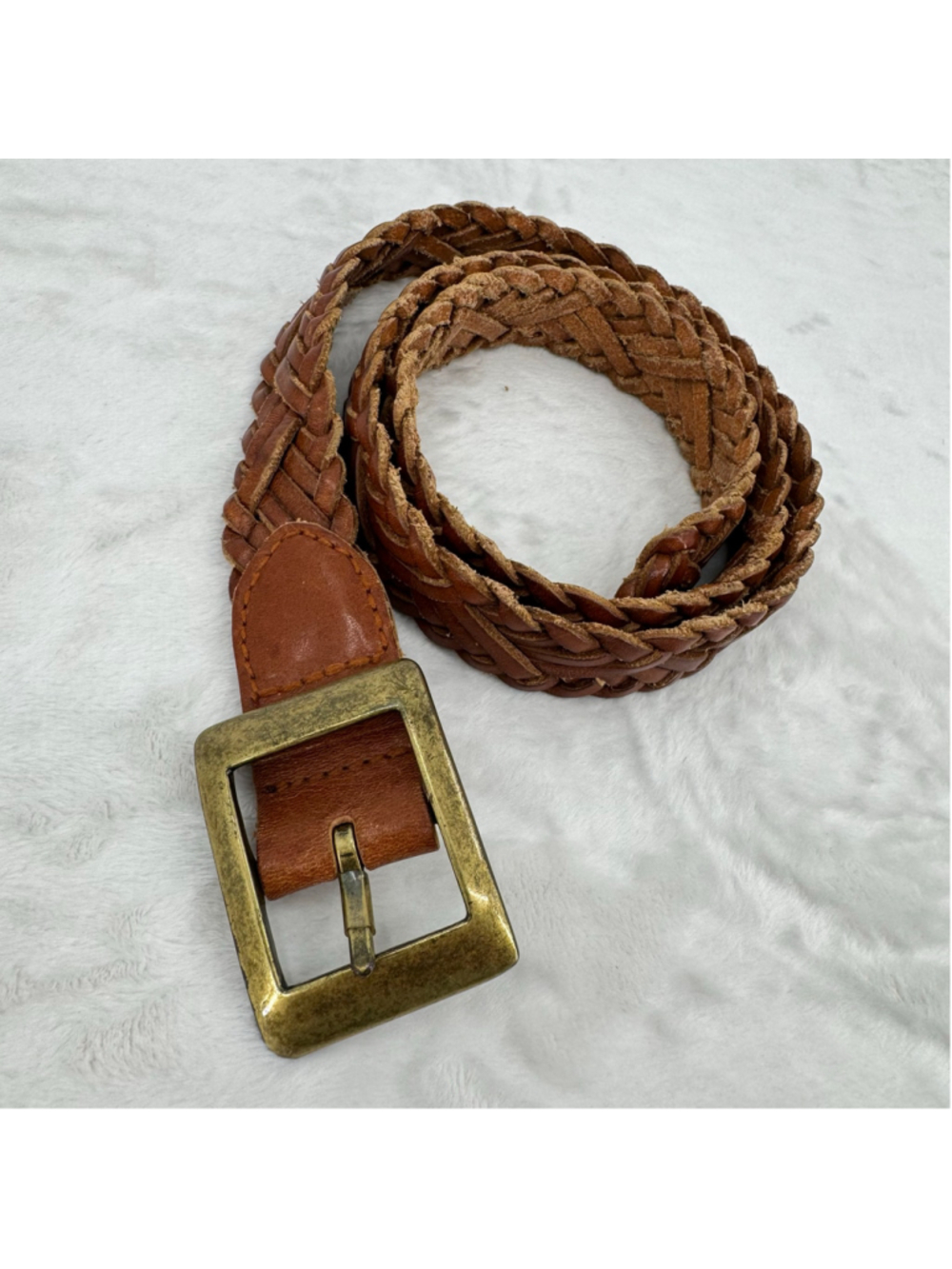 Vintage Y2K Brown Leather Braided Belt Brass Buckle Classic 90s Indie Grunge